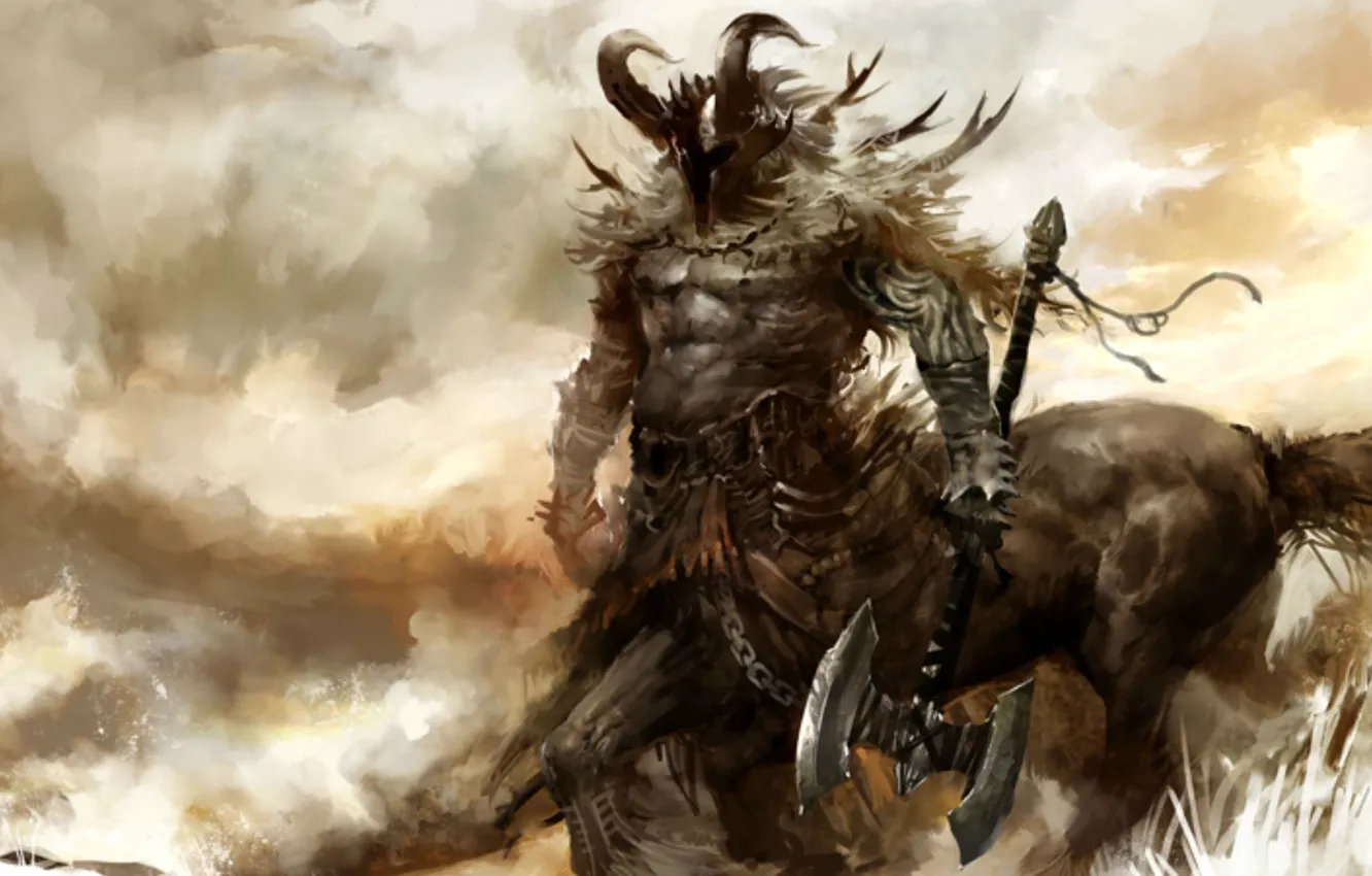 Photo wallpaper weapons, mask, horns, Guild Wars 2, centaur, muscles