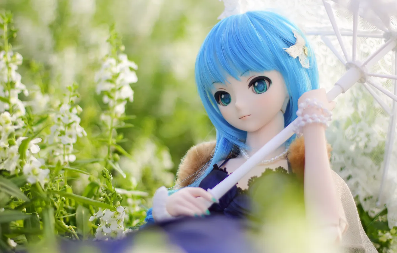 Photo wallpaper girl, flowers, umbrella, hair, doll