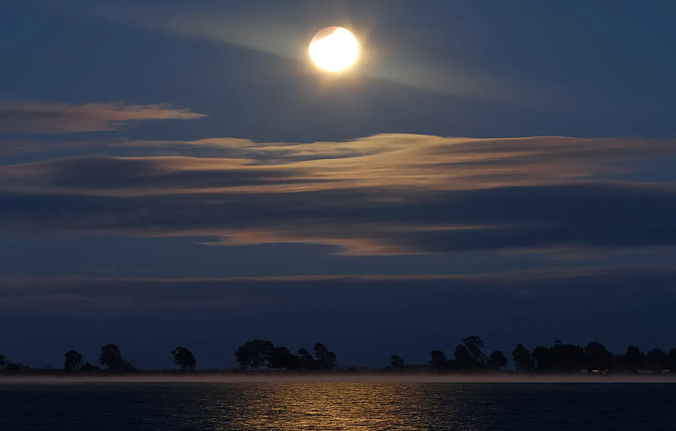 Photo wallpaper fog, reflection, The moon, Eclipse, Laguna