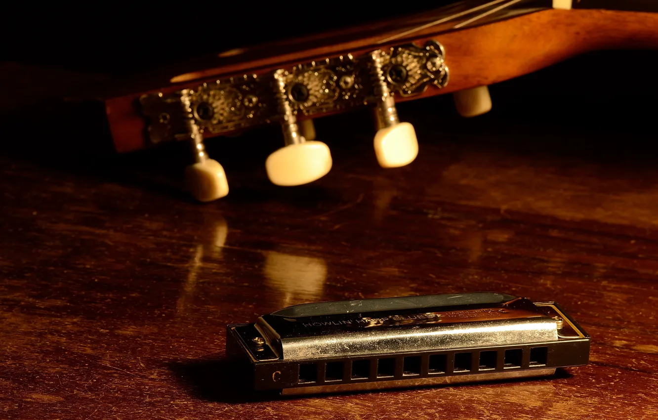 Photo wallpaper music, table, guitar, harmonica