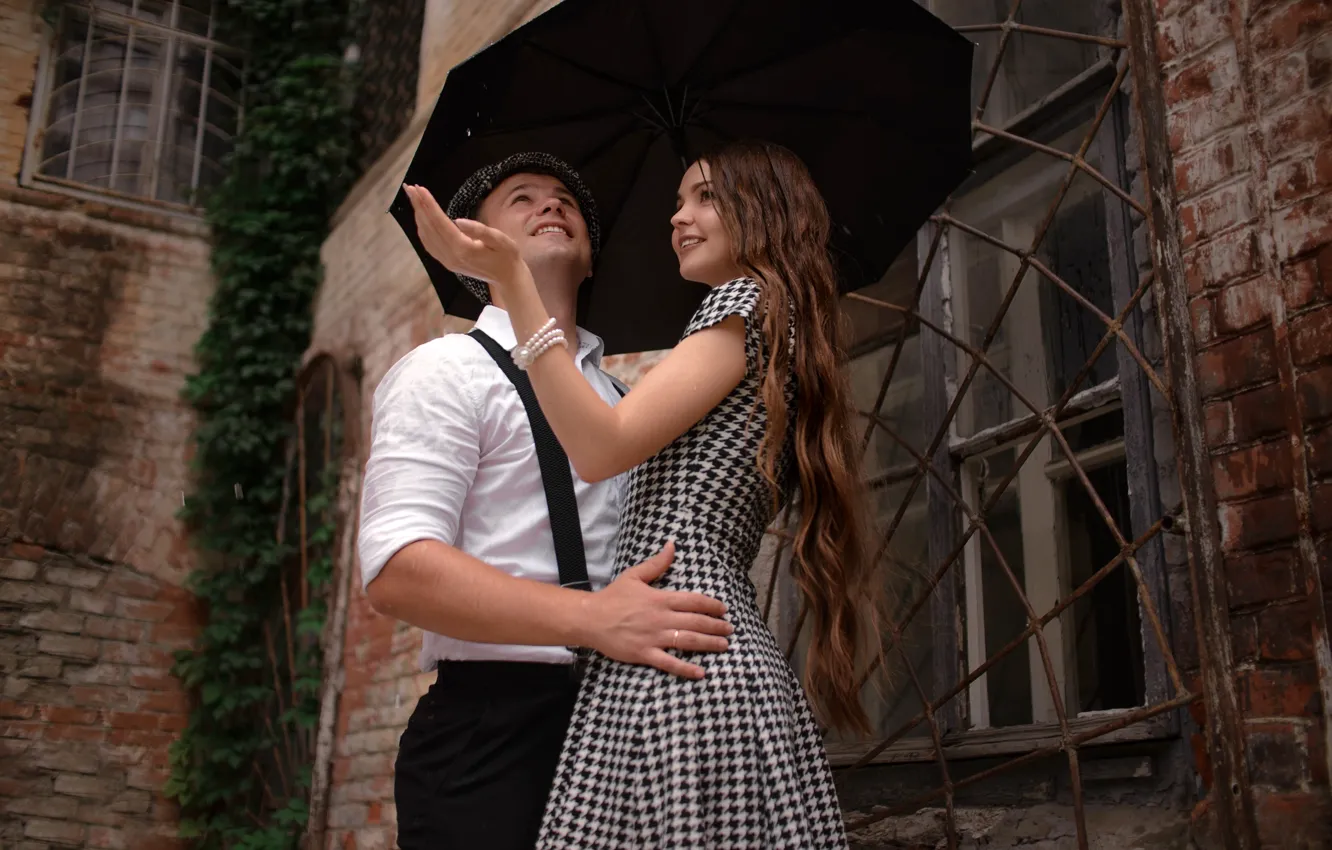 Photo wallpaper girl, drops, rain, home, brick, umbrella, dress, window