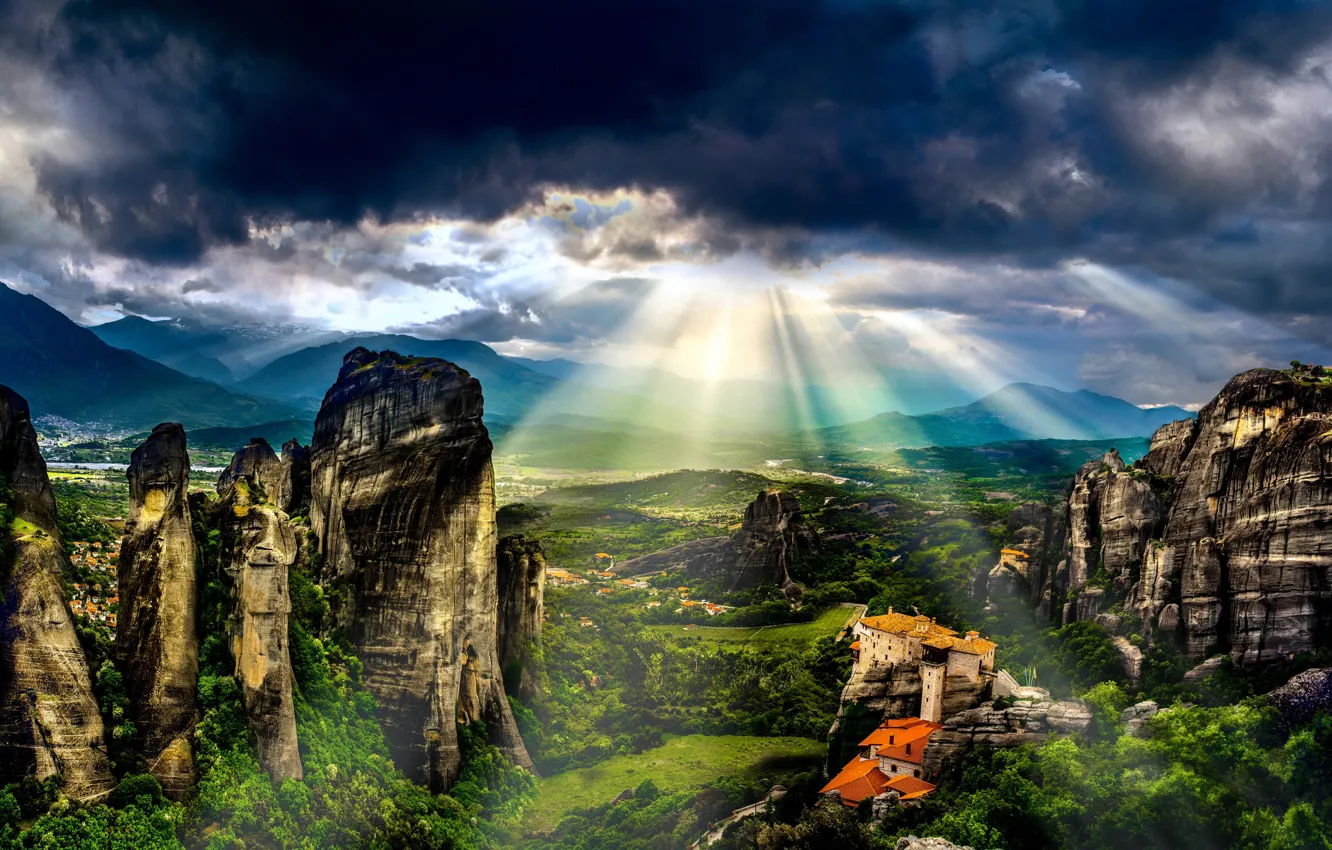Photo wallpaper greens, summer, the sky, the sun, clouds, rays, light, landscape