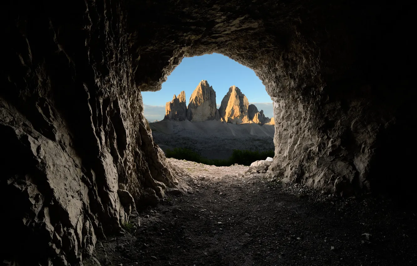 Photo wallpaper the sky, light, mountains, stones, rocks, view, arch, cave