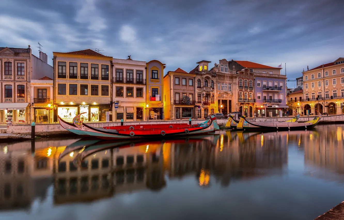 Photo wallpaper river, home, boats, the evening, lights, Portugal, Portugal, Aveiro