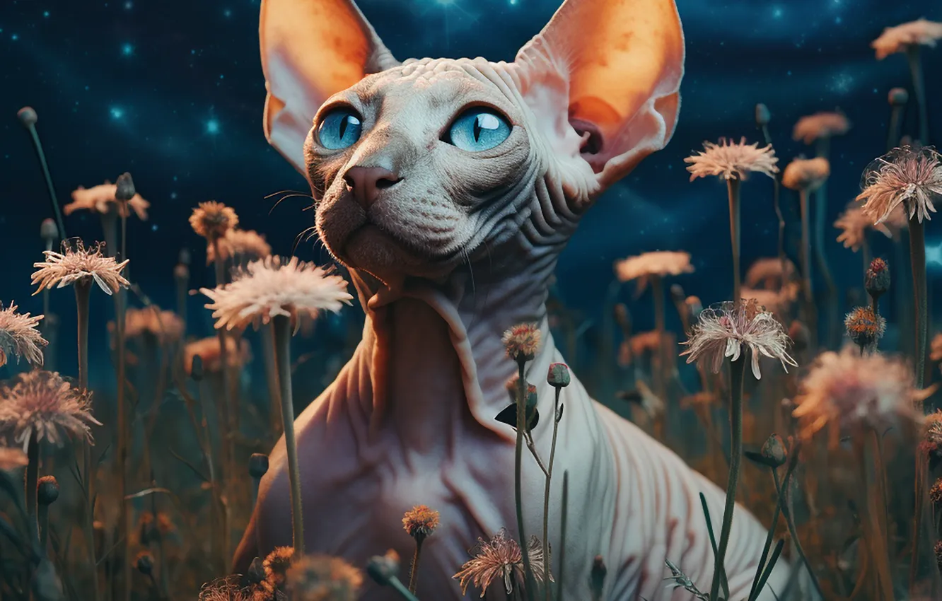 Photo wallpaper cat, cat, look, flowers, the evening, Sphinx, digital art, AI art