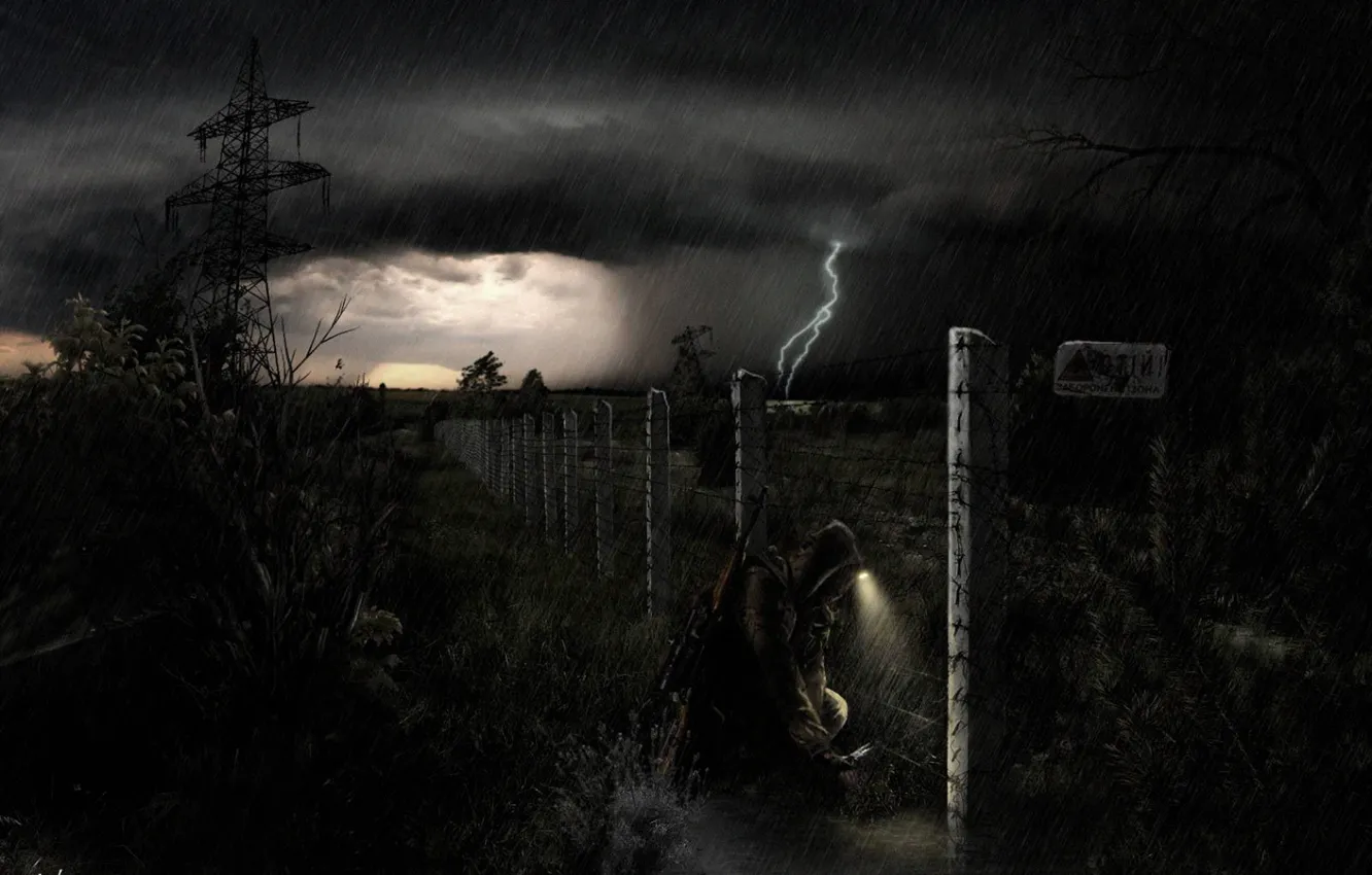 Photo wallpaper the storm, night, rain, soldiers, Chernobyl, stalker, area