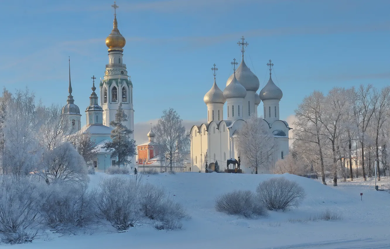 Photo wallpaper winter, snow, trees, temple, Russia, the bell tower, Vologda, Saint Sophia Cathedral