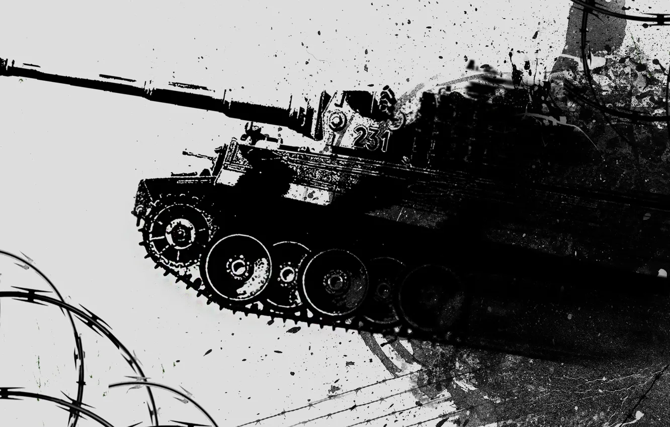 Photo wallpaper style, Wallpaper, tank, tiger, WoT, warthunder, black-and-white.