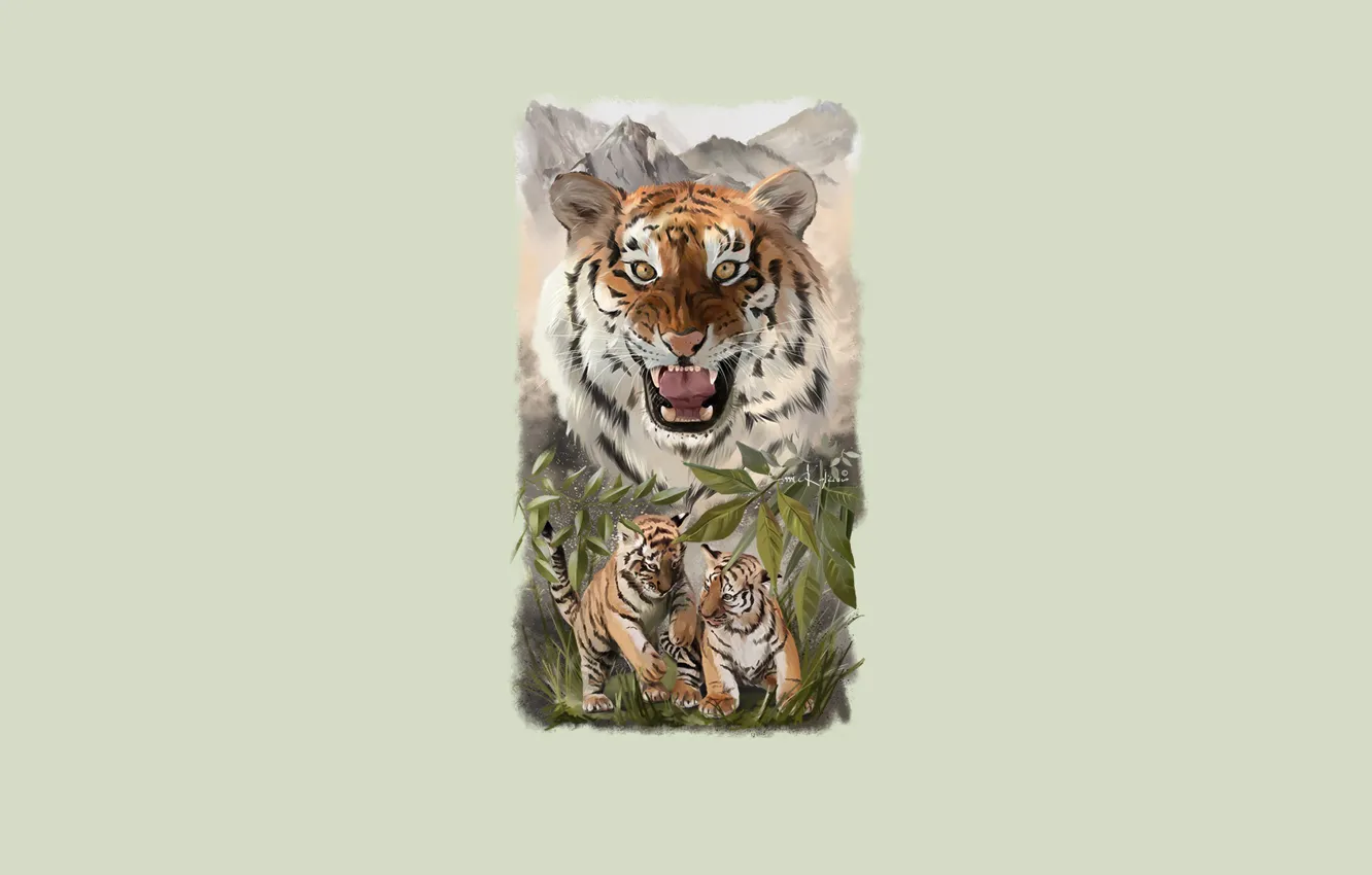 Photo wallpaper nature, game, tigress, the cubs