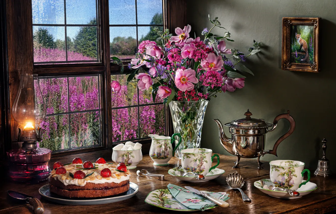 Photo wallpaper flowers, style, lamp, bouquet, kettle, window, Cup, cake