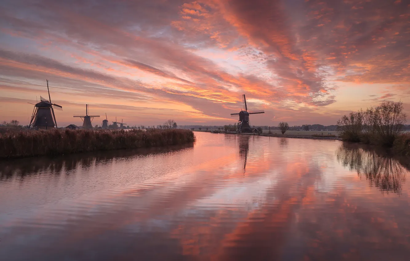 Photo wallpaper clouds, sunset, fog, reflection, dawn, the bushes, pond, windmills