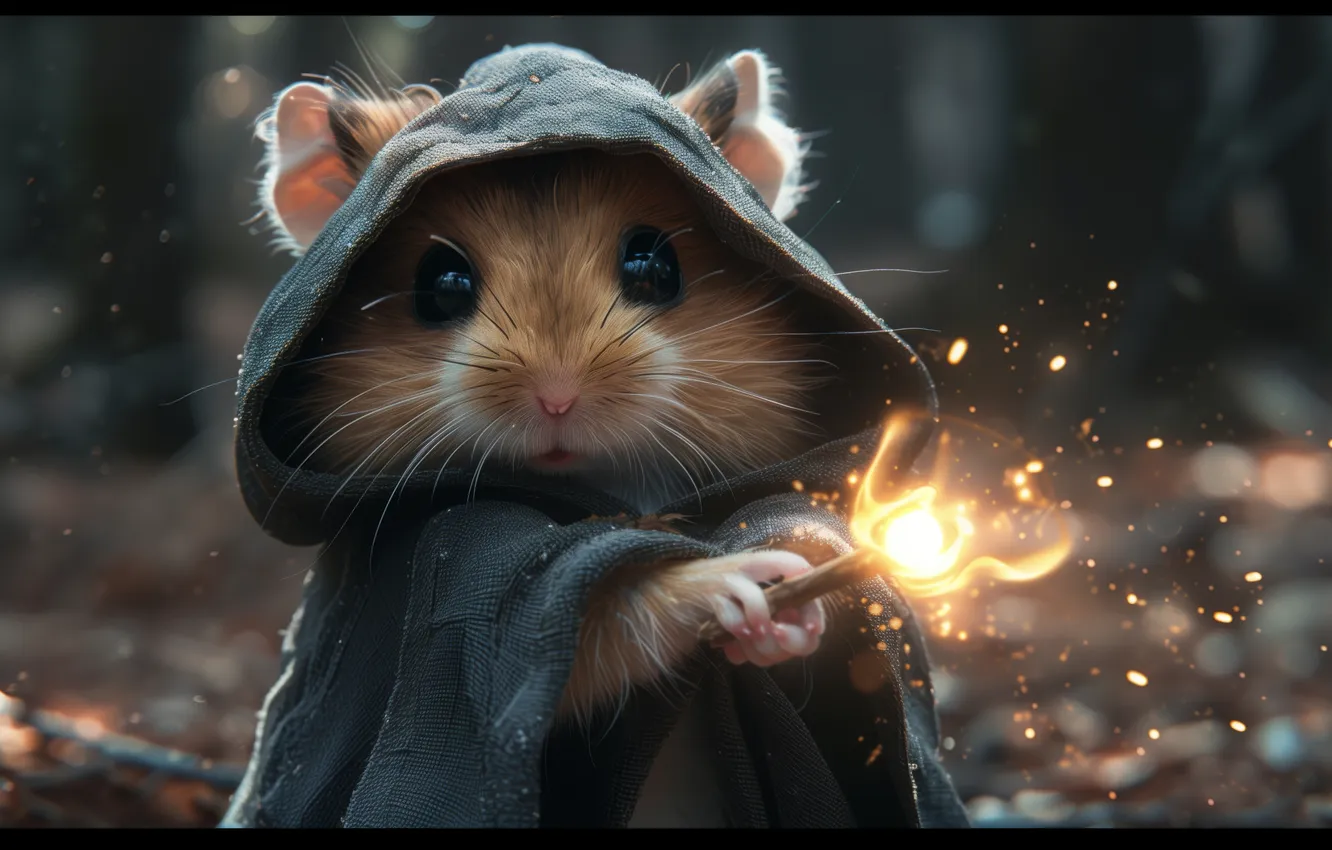 Photo wallpaper magic, wizard, depth of field, hamster, AI art