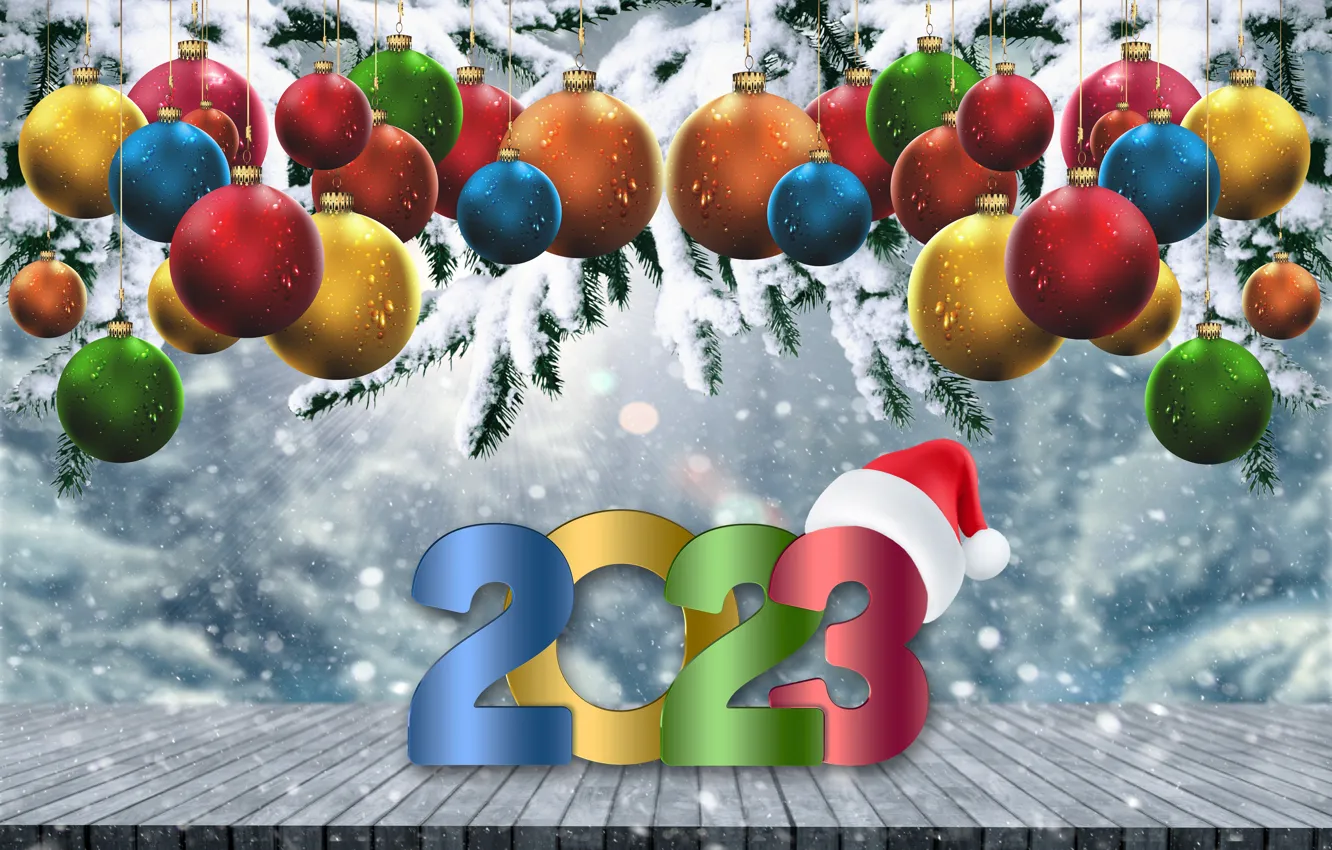 Photo wallpaper winter, snow, snowflakes, balls, colorful, New Year, figures, happy