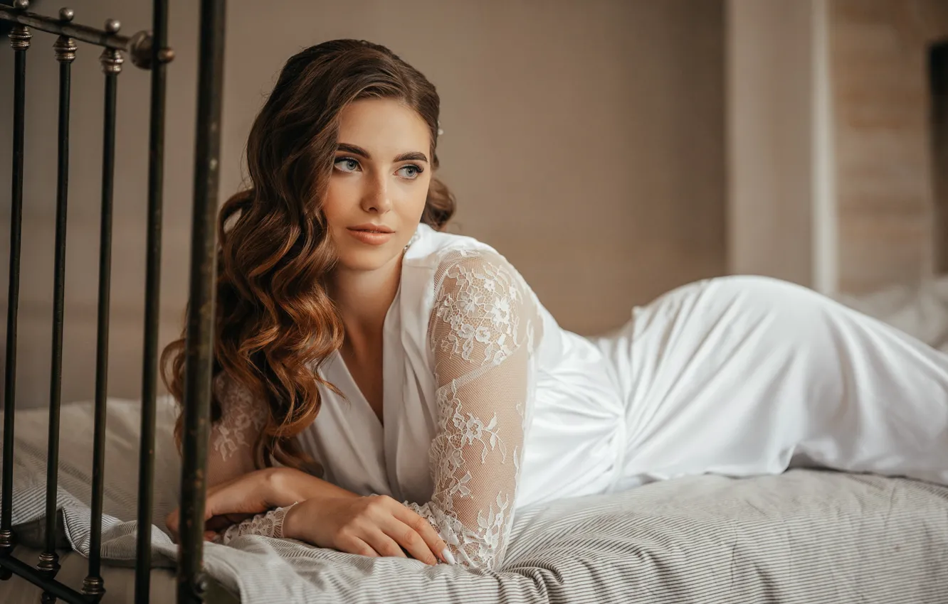 Photo wallpaper look, girl, pose, bed, dress, brown hair, curls, Anatoly Kirpichnikov