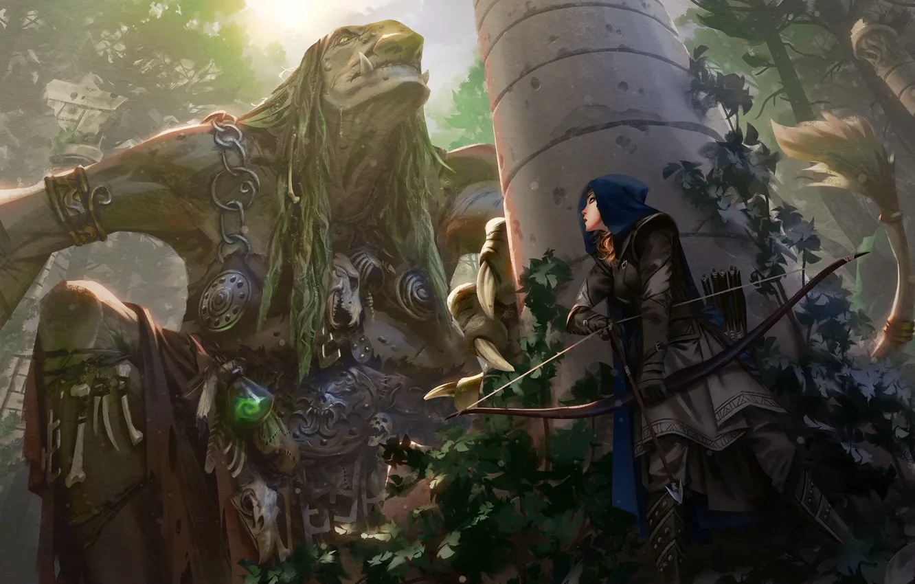 Photo wallpaper girl, fantasy, forest, skulls, painting, bow, artwork, giant