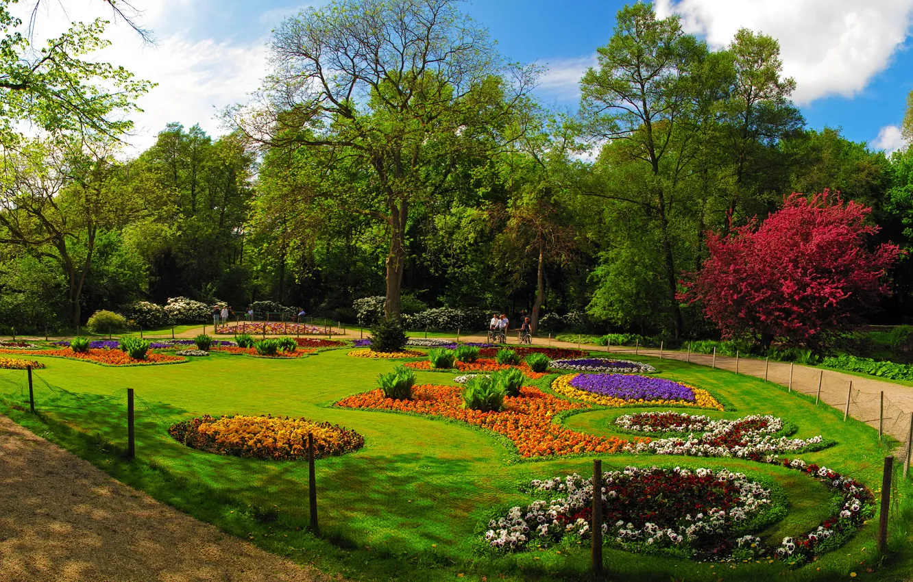 Photo wallpaper grass, trees, flowers, Park, lawn, stay, Germany, flowerbed