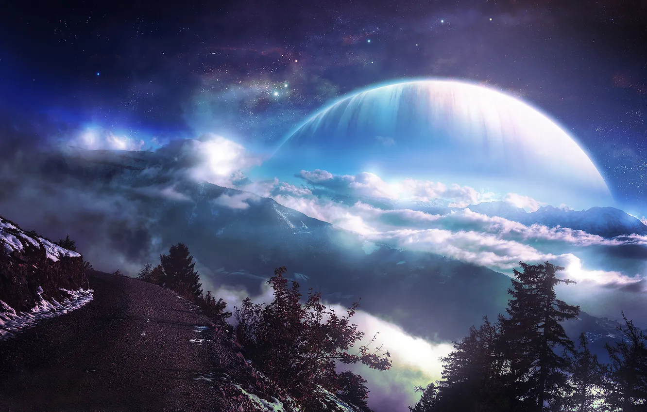 Photo wallpaper landscape, mountains, fiction, planet, qauz, daylight from space