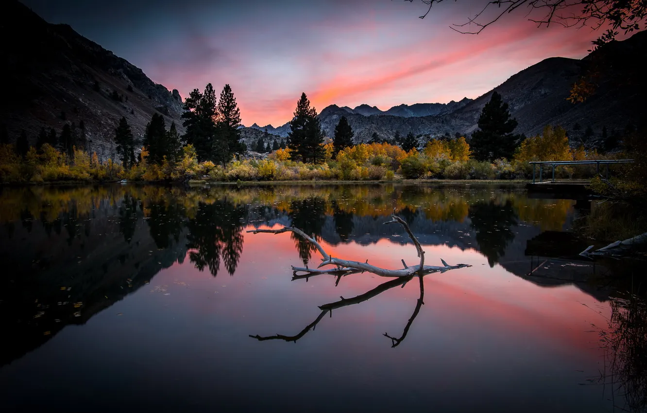 Photo wallpaper sunset, mountains, lake