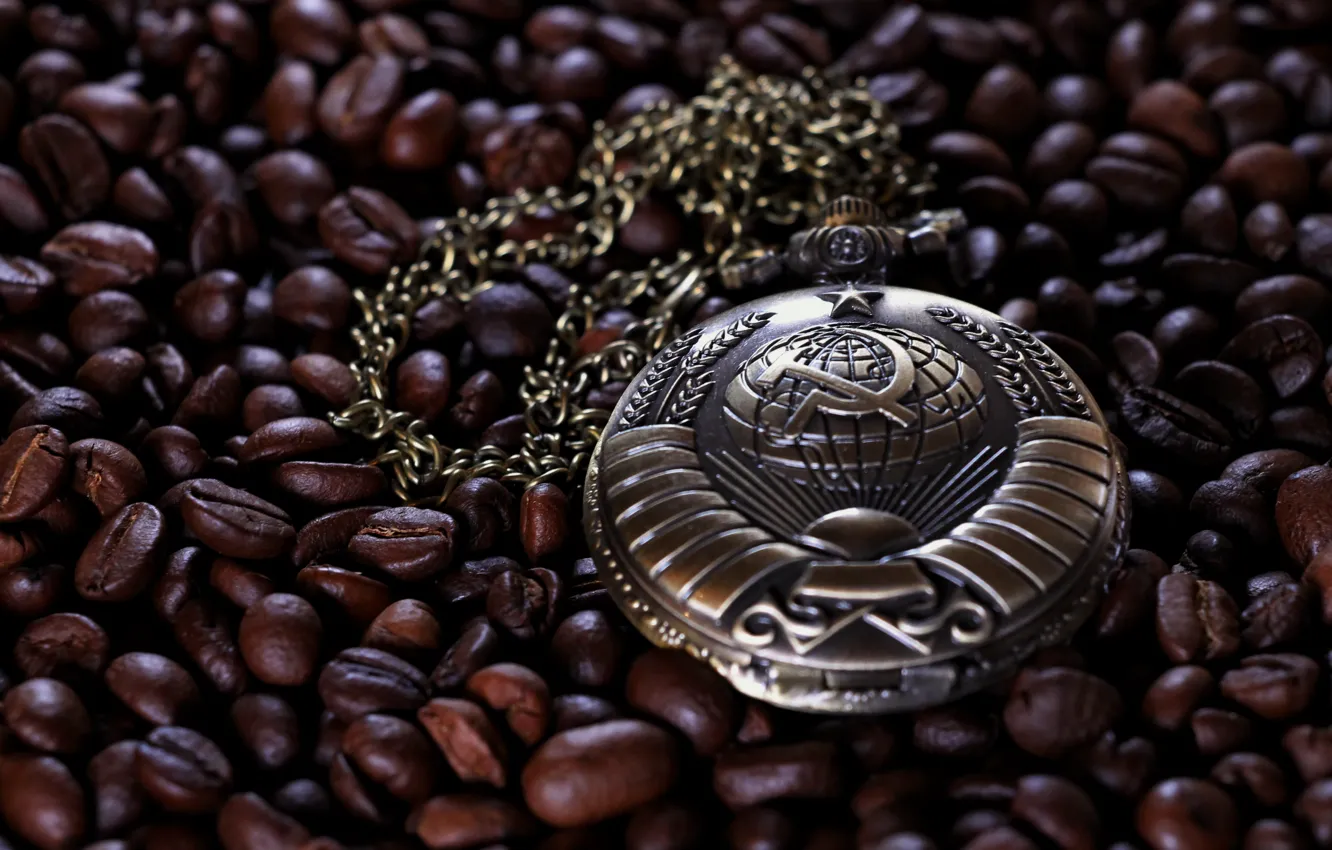Photo wallpaper Wallpaper, star, watch, coffee, USSR, the coat of arms of the USSR, pocket watch