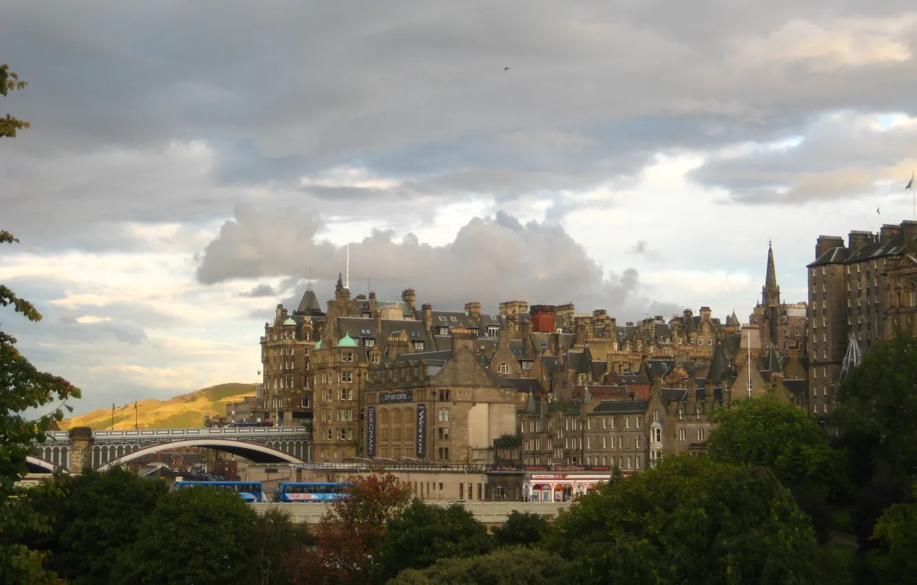 Photo wallpaper the sky, clouds, bridge, the city, building, Scotland, panorama, sky