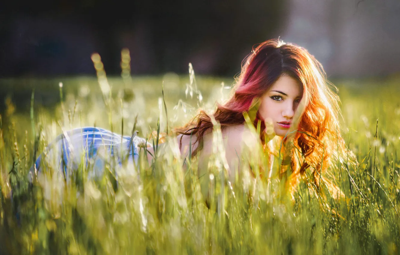 Photo wallpaper field, grass, look, girl, sweetheart, meadow, red, girl