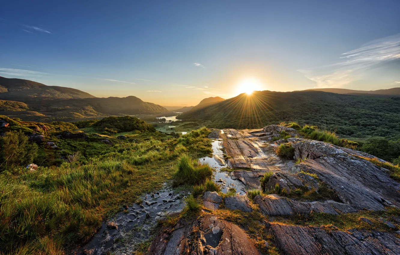 Photo wallpaper the sun, mountains, sunrise, morning