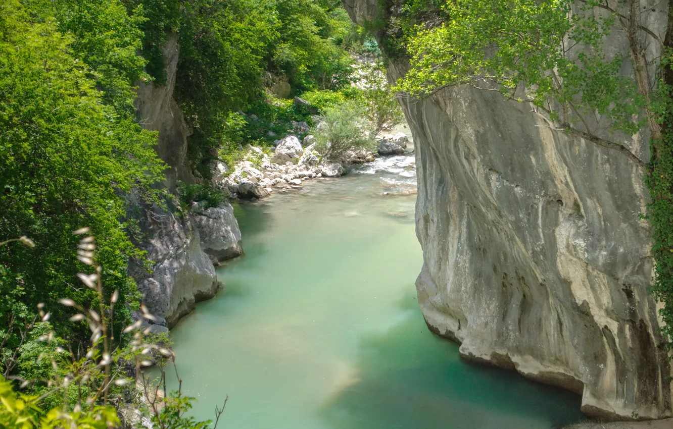 Photo wallpaper river, rocks, Italy, Frasassi Grottoes