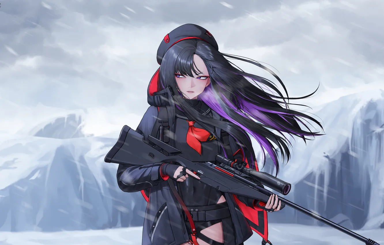 Photo wallpaper winter, weapons, the wind, brunette, characters, sniper, rifle, Mobile Game