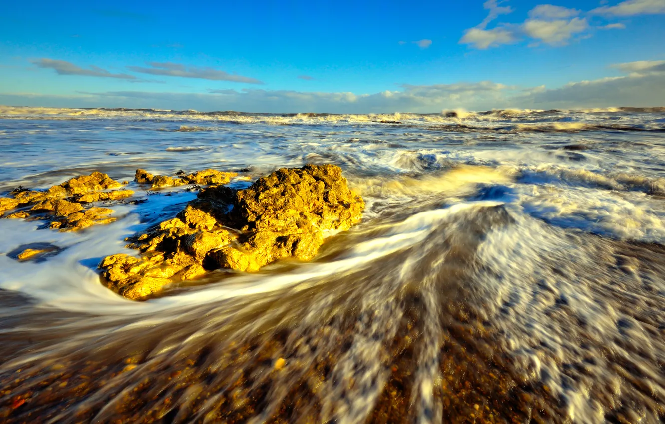 Photo wallpaper sea, wave, stones, morning