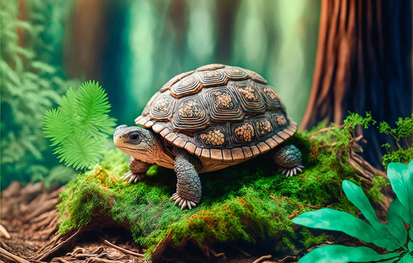Photo wallpaper trees, nature, rendering, graphics, moss, turtle, baby, cub