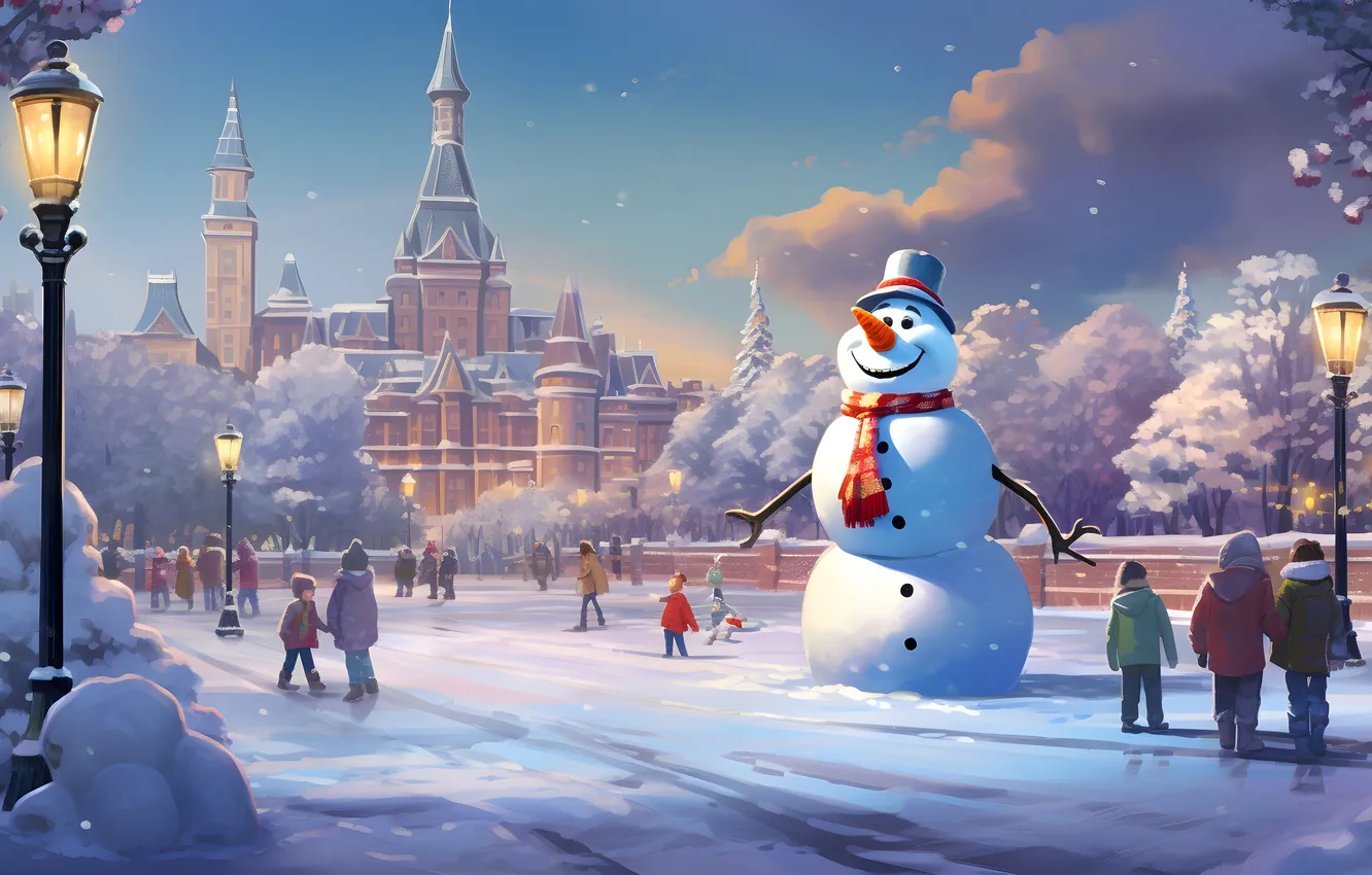Photo wallpaper winter, snow, people, new year, home, the evening, Christmas, lights
