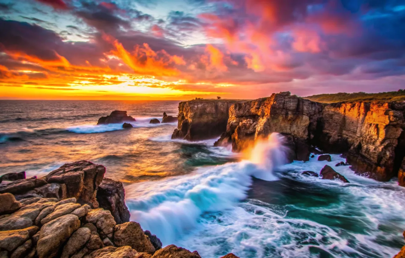 Photo wallpaper sea, wave, sunset, clouds, rocks, shore, waves, sea