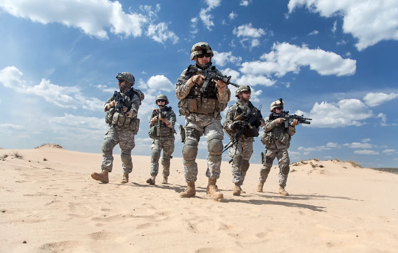 Photo wallpaper sand, the sky, the sun, clouds, weapons, desert, glasses, soldiers
