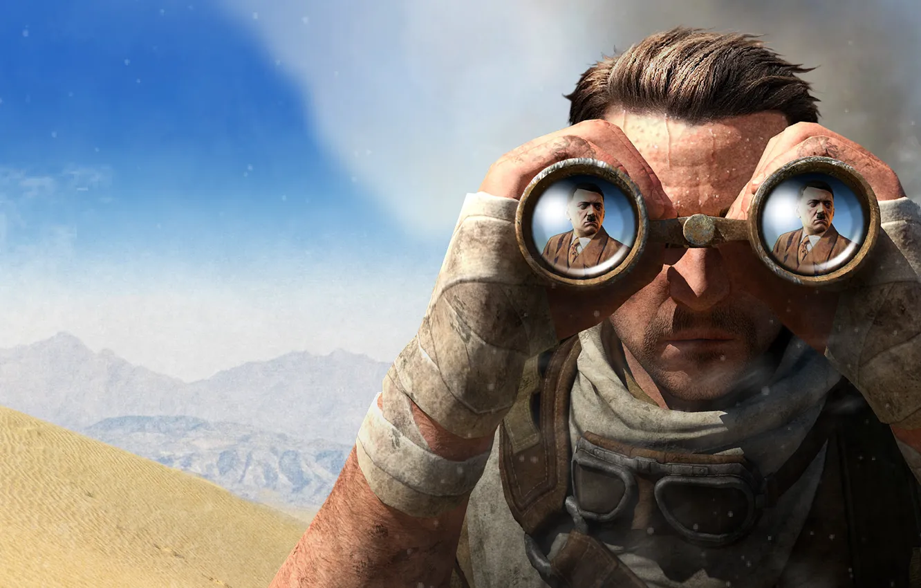 Photo wallpaper The sky, Sand, Clouds, Mountains, Barkhan, Smoke, Glasses, Soldiers