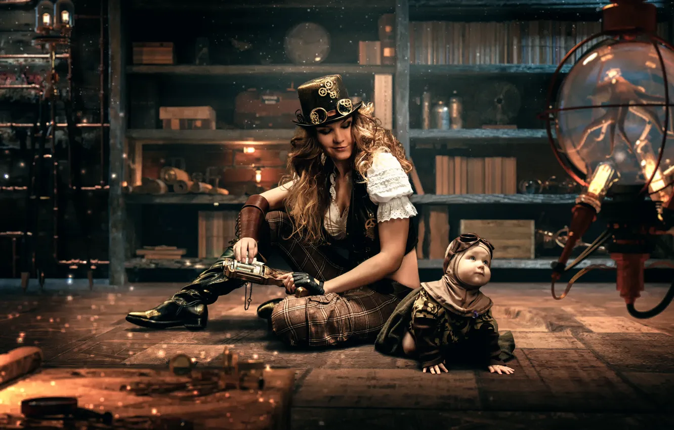 Photo wallpaper girl, room, family, steampunk, steampunk