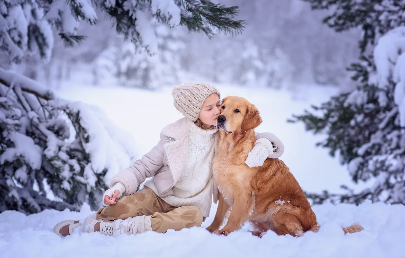 Photo wallpaper winter, snow, trees, nature, each, kiss, dog, ate