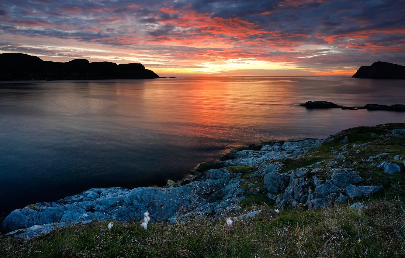 Photo wallpaper the sun, clouds, sunset, stones, rocks, shore, dal, the evening