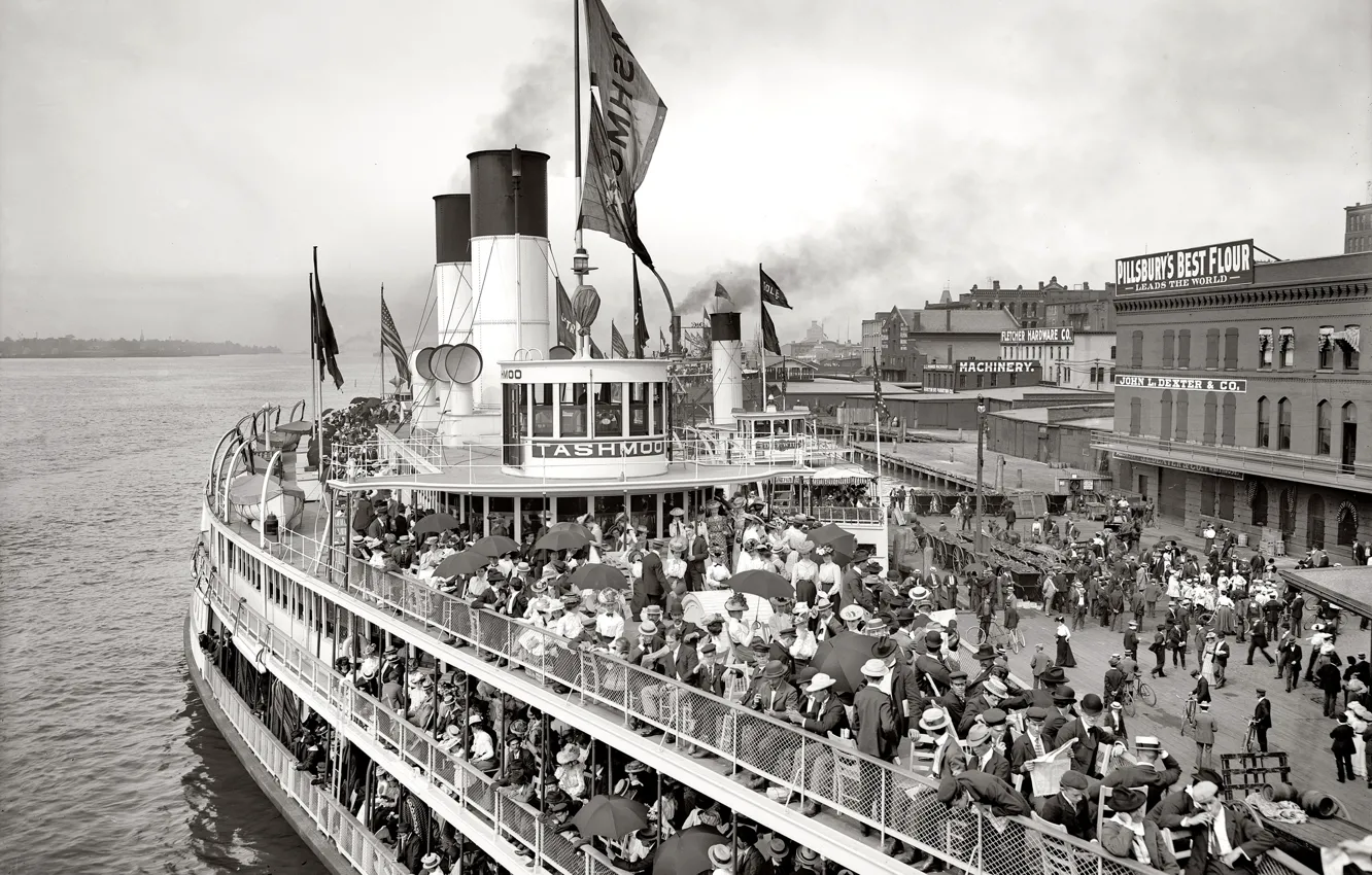 Photo wallpaper people, ship, pier, port, steamer, USA, Detroit, 1900-the year