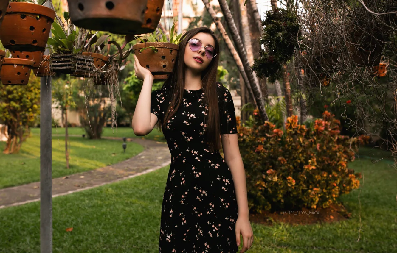 Photo wallpaper look, trees, pose, lawn, model, plant, portrait, makeup