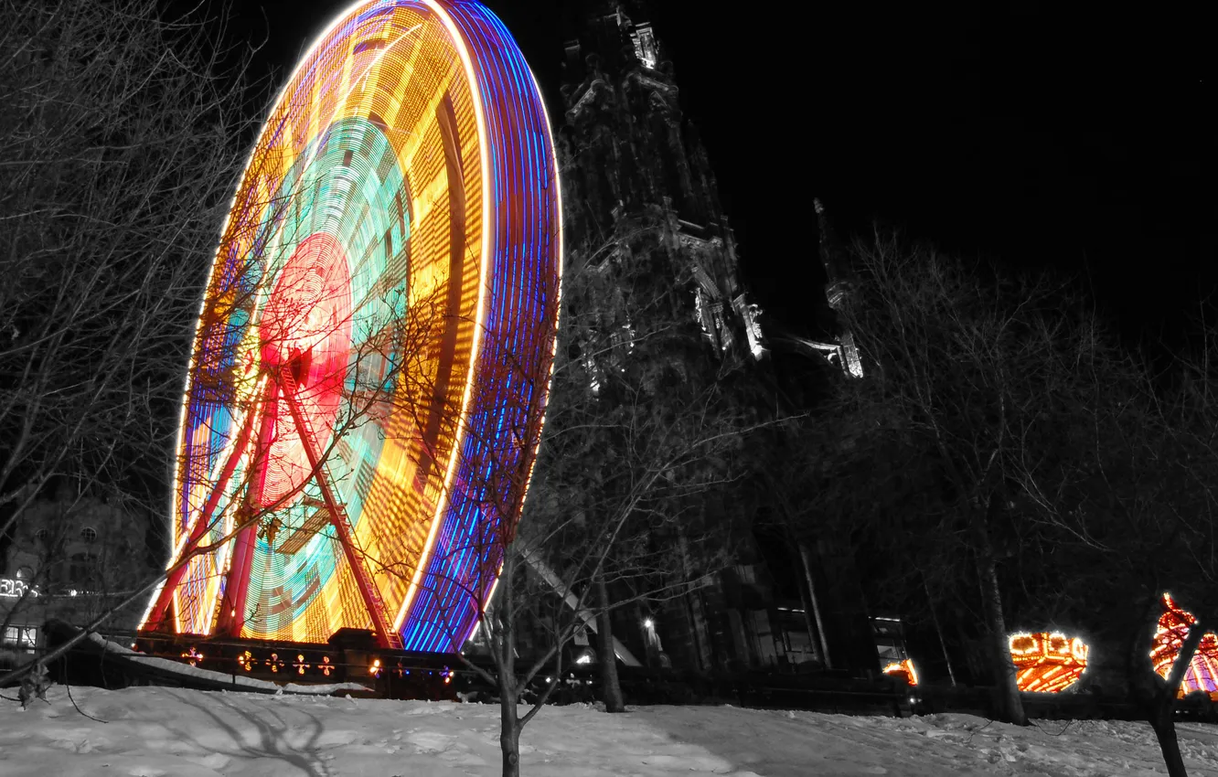 Photo wallpaper snow, lights, Ferris wheel