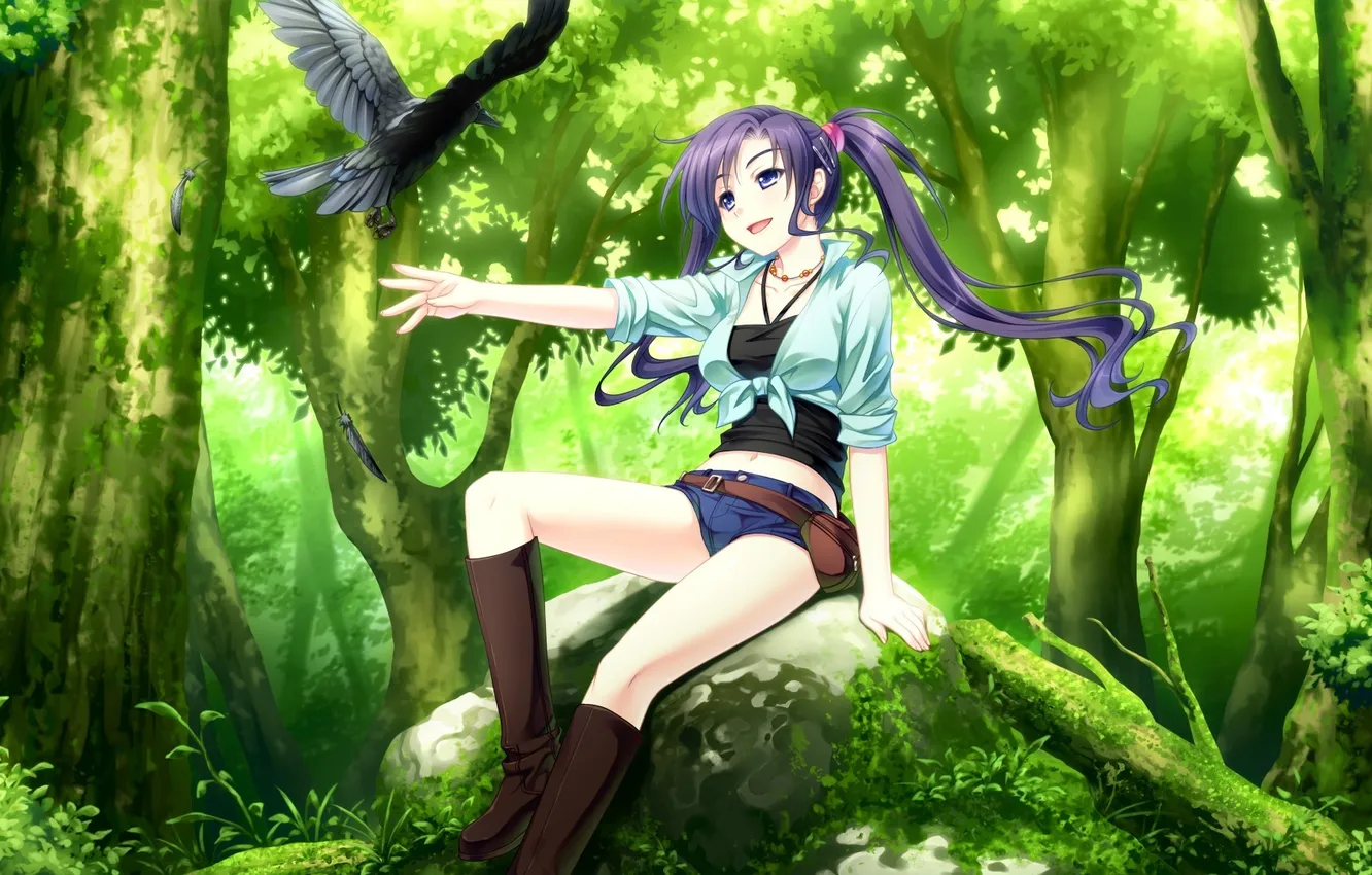 Photo wallpaper forest, girl, bird, stone, & - sora no mukou de sakimasu you ni, game cg