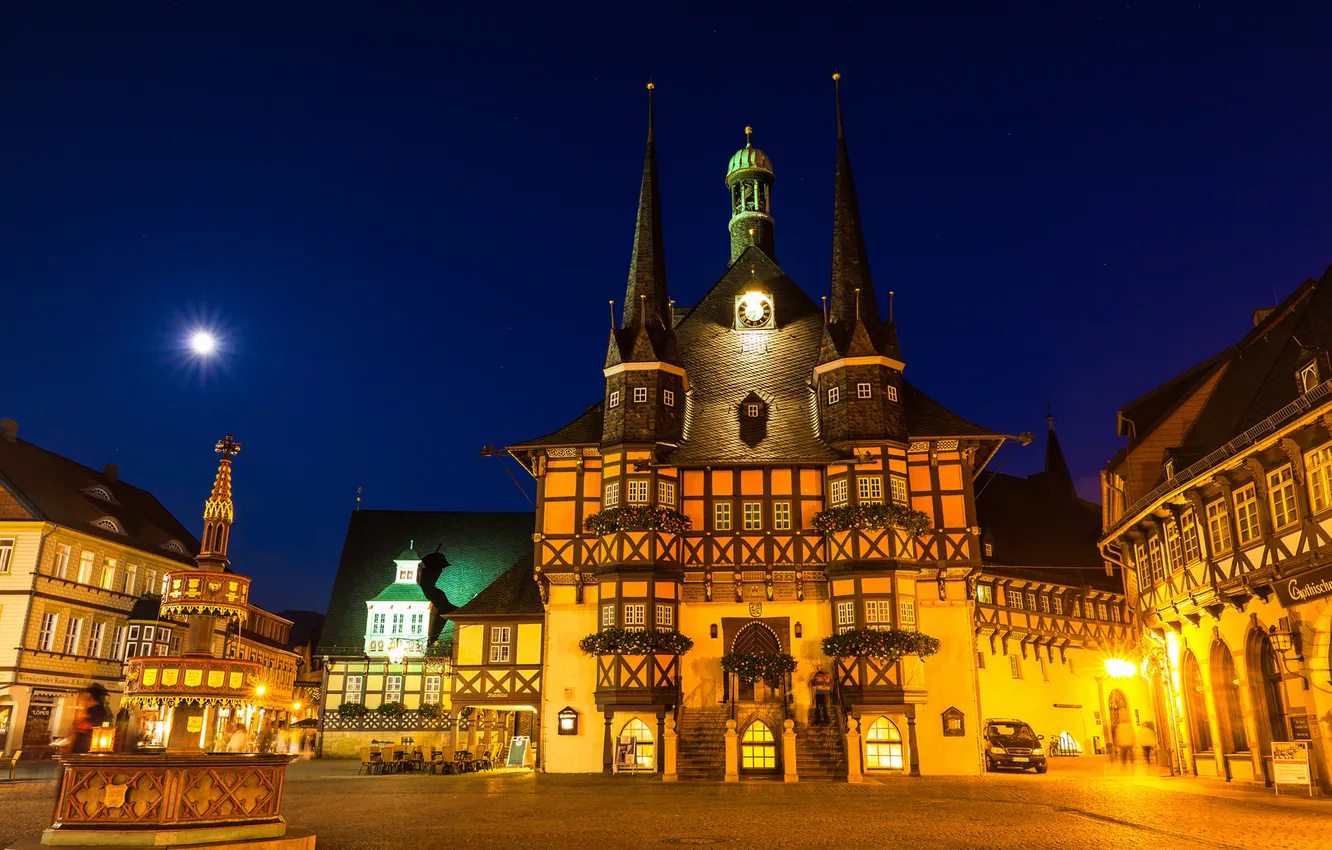 Photo wallpaper night, lights, home, tale, Germany, area, fountain, Wernigerode