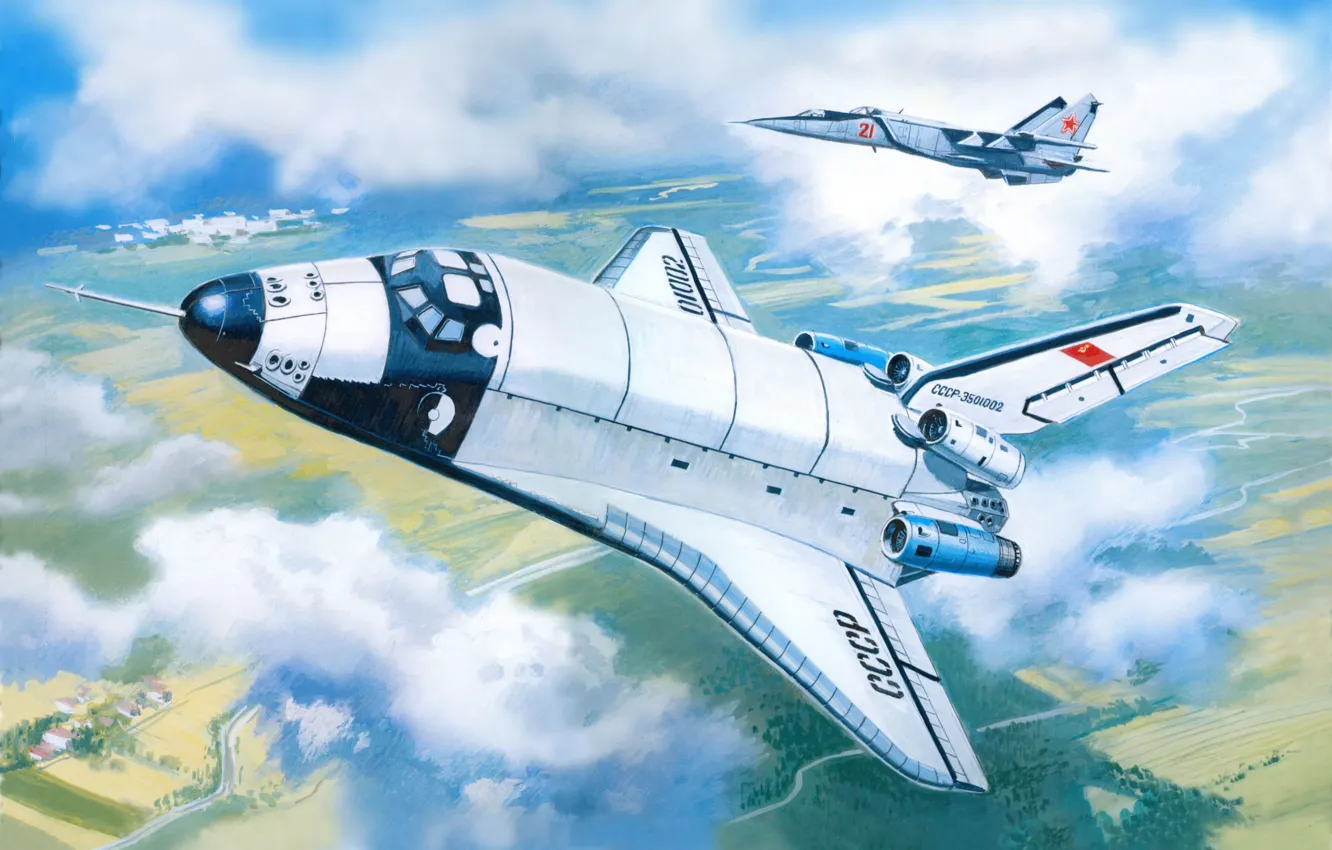 Photo wallpaper aviation, figure, ship, prototype, space, Buran, Soviet, MiG-25пу