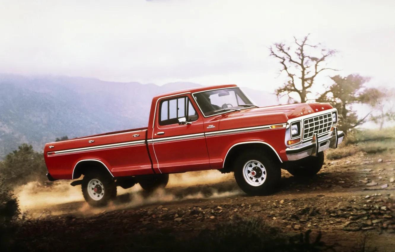 Photo wallpaper road, the sky, red, Ford, dust, Ford, classic, pickup