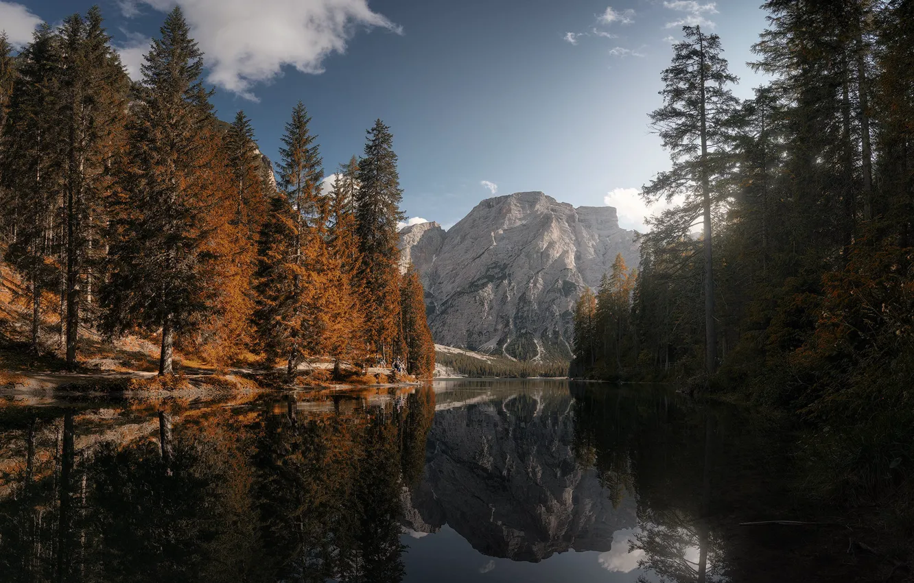 Photo wallpaper autumn, forest, the sky, clouds, light, trees, mountains, lake