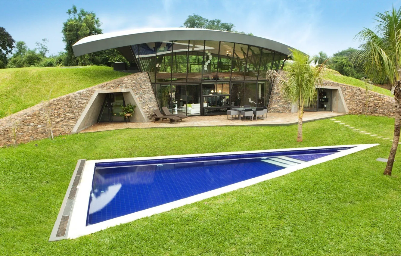 Photo wallpaper design, palm trees, Villa, pool, yard, architecture, by Bauen, Green Refuge