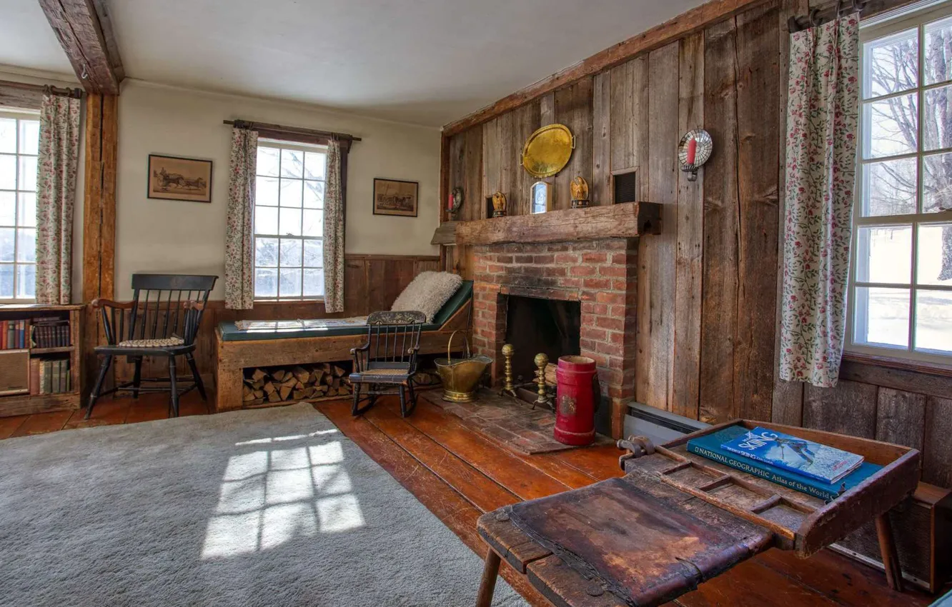 Photo wallpaper style, interior, living room, country house, fireplace, design