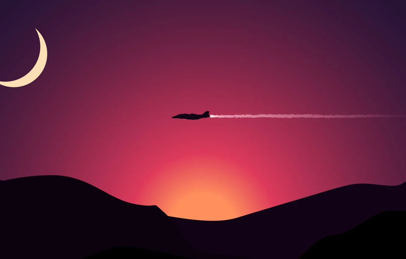 Photo wallpaper sunset, mountains, hills, a month, silhouette, the plane