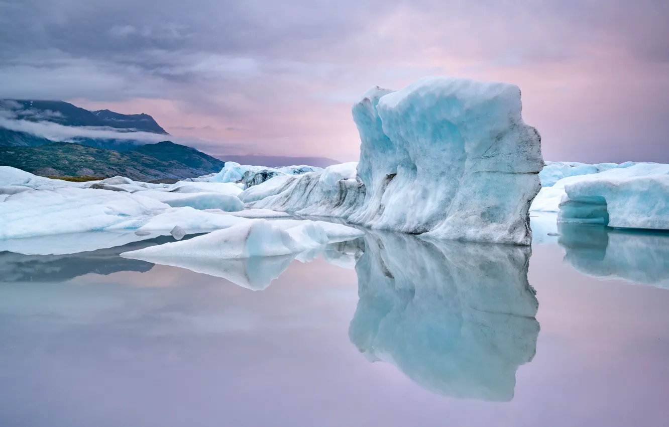 Photo wallpaper cold, winter, snow, mountains, reflection, shore, ice, glacier