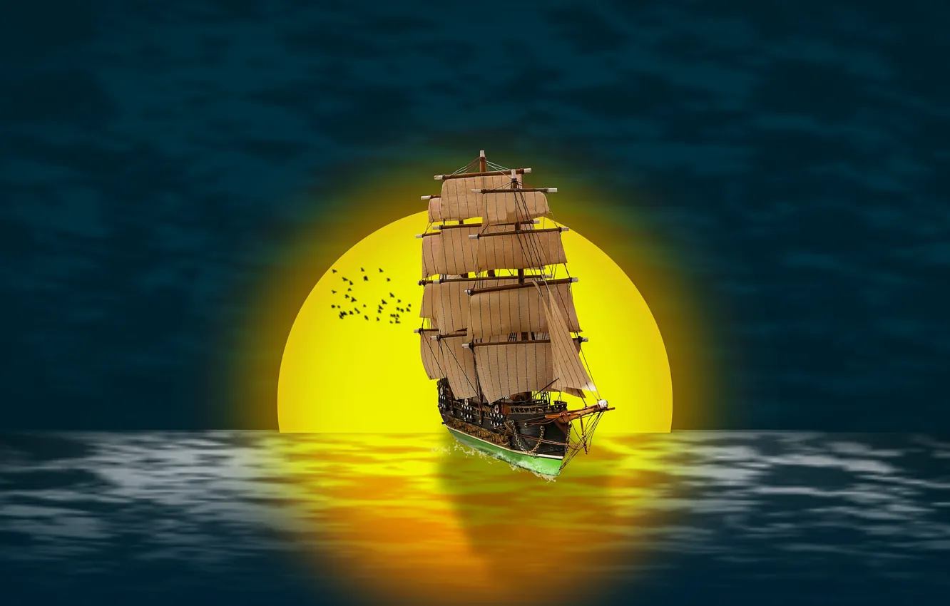 Photo wallpaper sea, the sun, sunset, bird, ship, sailboat